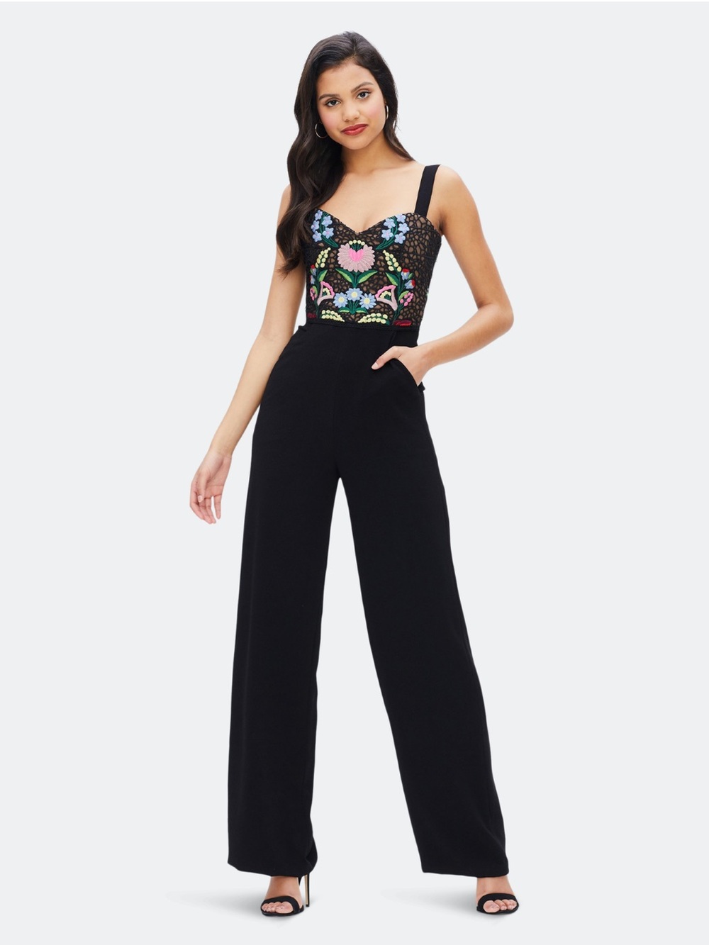 Dress the Population Romy Embroidered Bustier Crepe Jumpsuit Wide Leg Size M